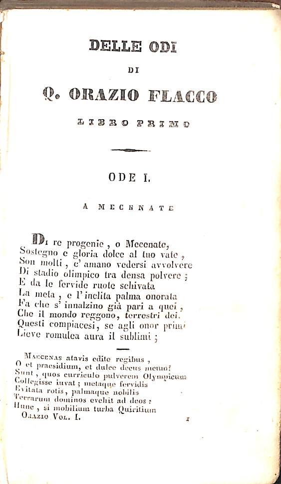 65520 Opere di Q. Orazio Flacco Vol 1 / recate in versi italiani da Tommaso Gargallo 1836