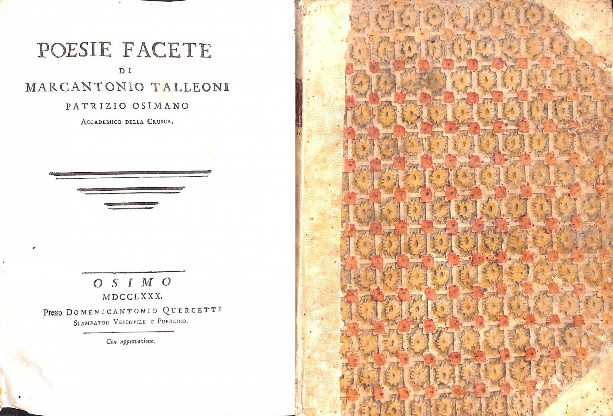 66654 Poesie facete di Marcantonio Talleoni patrizio osimano accademico della Crusca 1780